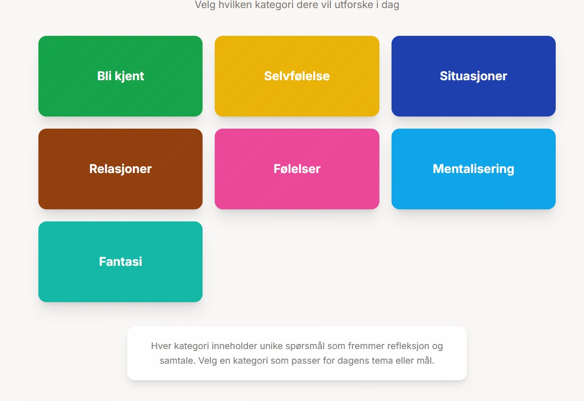 Kategorivelger i Heispillet Digital — lærer velger blant 7 kategorier på smartboard